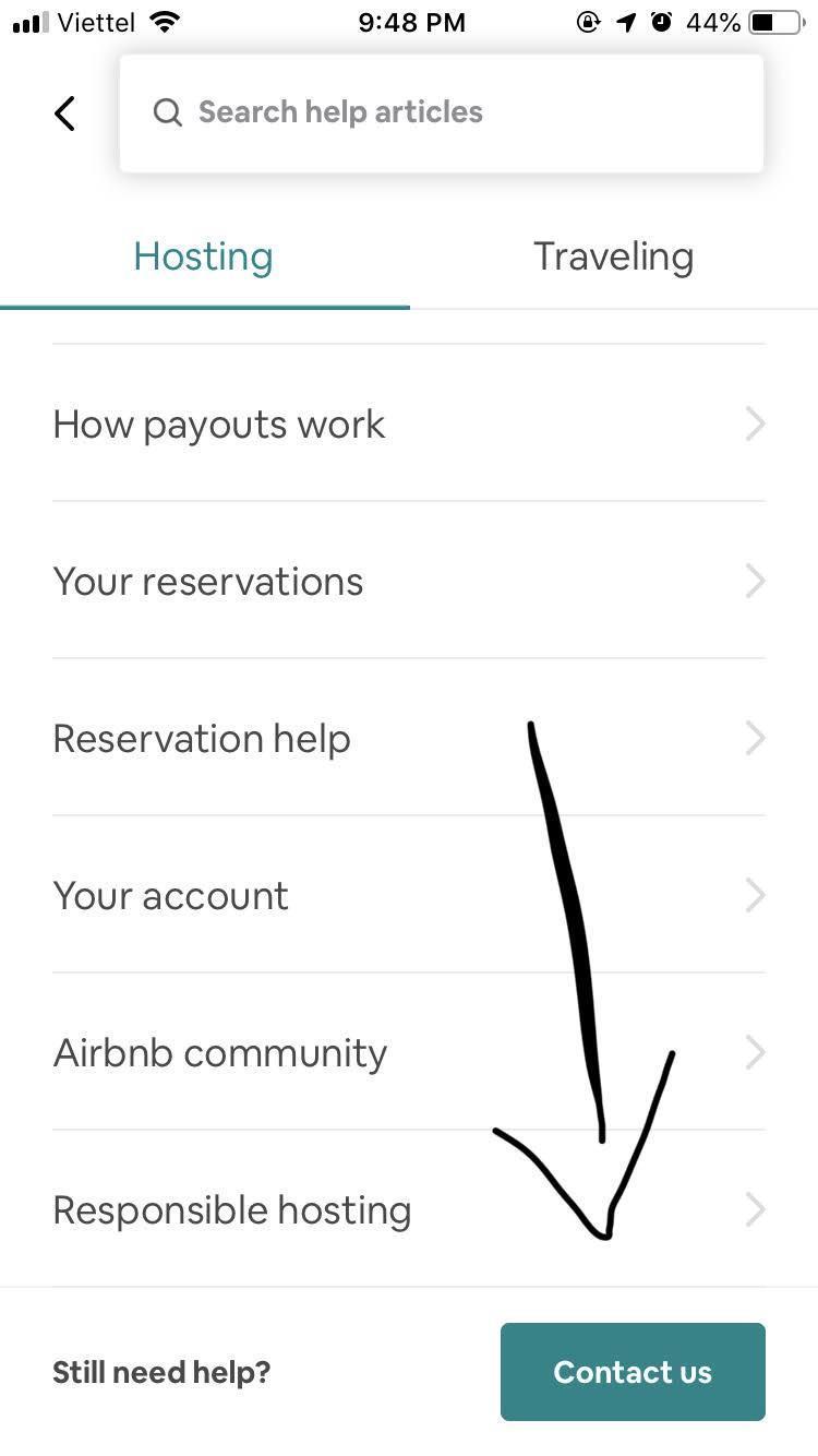 LH Với Airbnb Thông Qua App Trên Điện Thoại : Kéo Xuống Dưới tìm nút contact Us