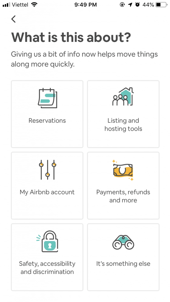 Chọn Mục Cần Liên Hệ để được gặp Airbnb Supporter