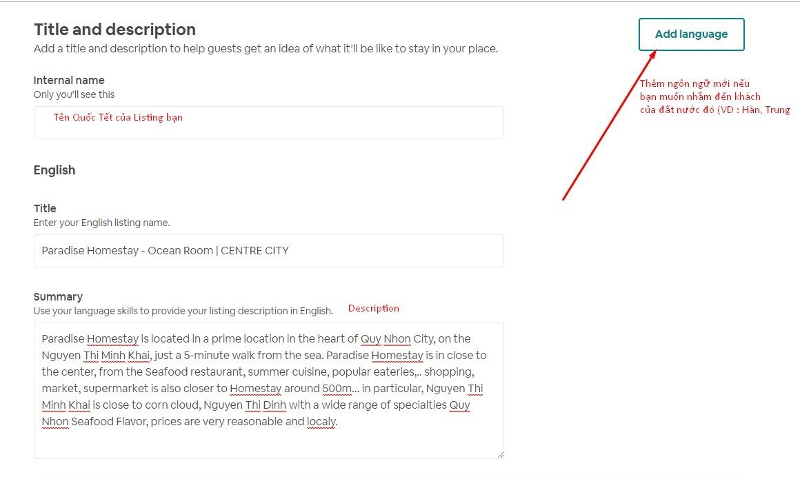 Ví dụ về Description trong Listing của Airbnb