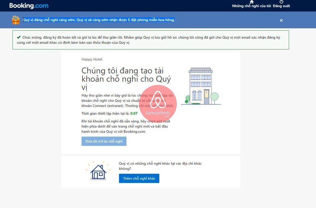 Hoàn thành đăng kí booking, đăng kí bán phòng trên booking.com