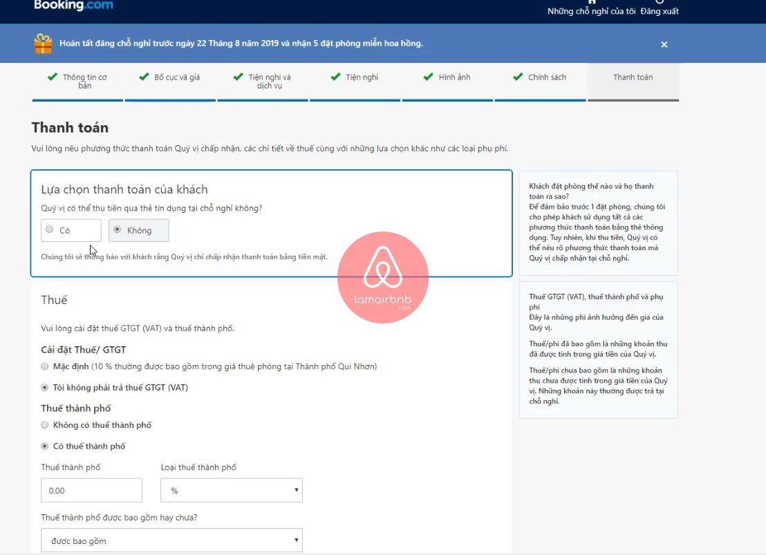 đăng kí bán phòng trên booking.com : Bạn biết gì thì cài đặt đấy, còn không rõ thì cứ làm như hình là oke nha :D