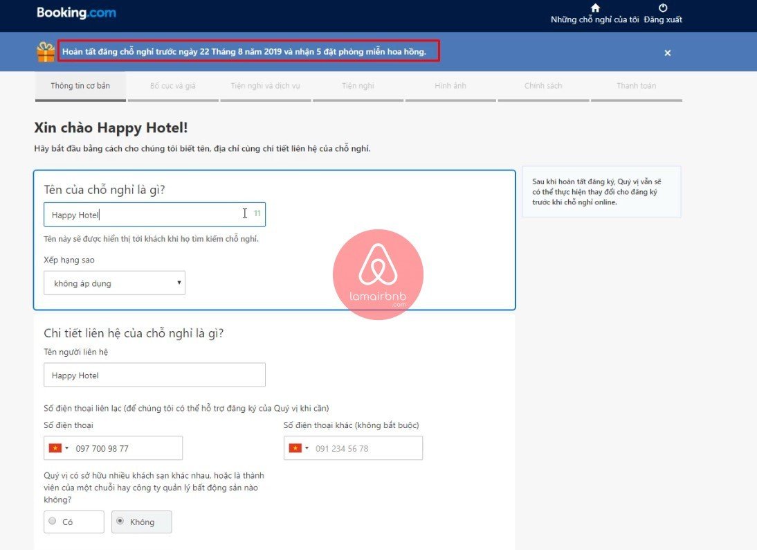 Nhập các thông tin khách sạn lên Booking.com, đăng kí bán phòng trên booking.com