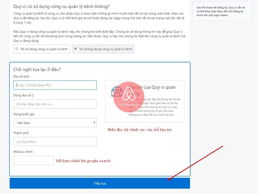 Điền địa chỉ khách sạn , đăng kí bán phòng trên booking.com