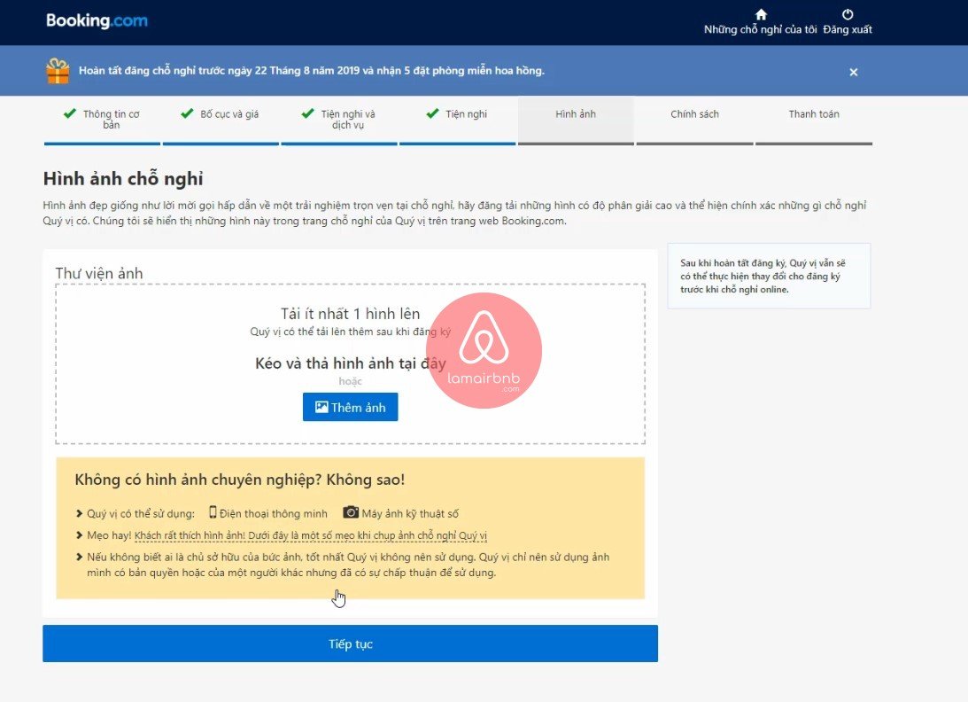 đăng kí bán phòng trên booking.com : Upload ảnh phòng