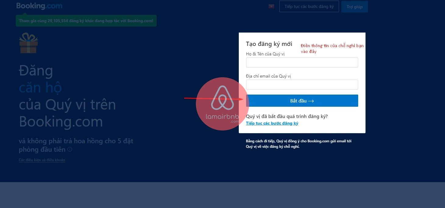 Hinh anh : Điền thông tin khách sạn vào form, đăng kí bán phòng trên booking.com
