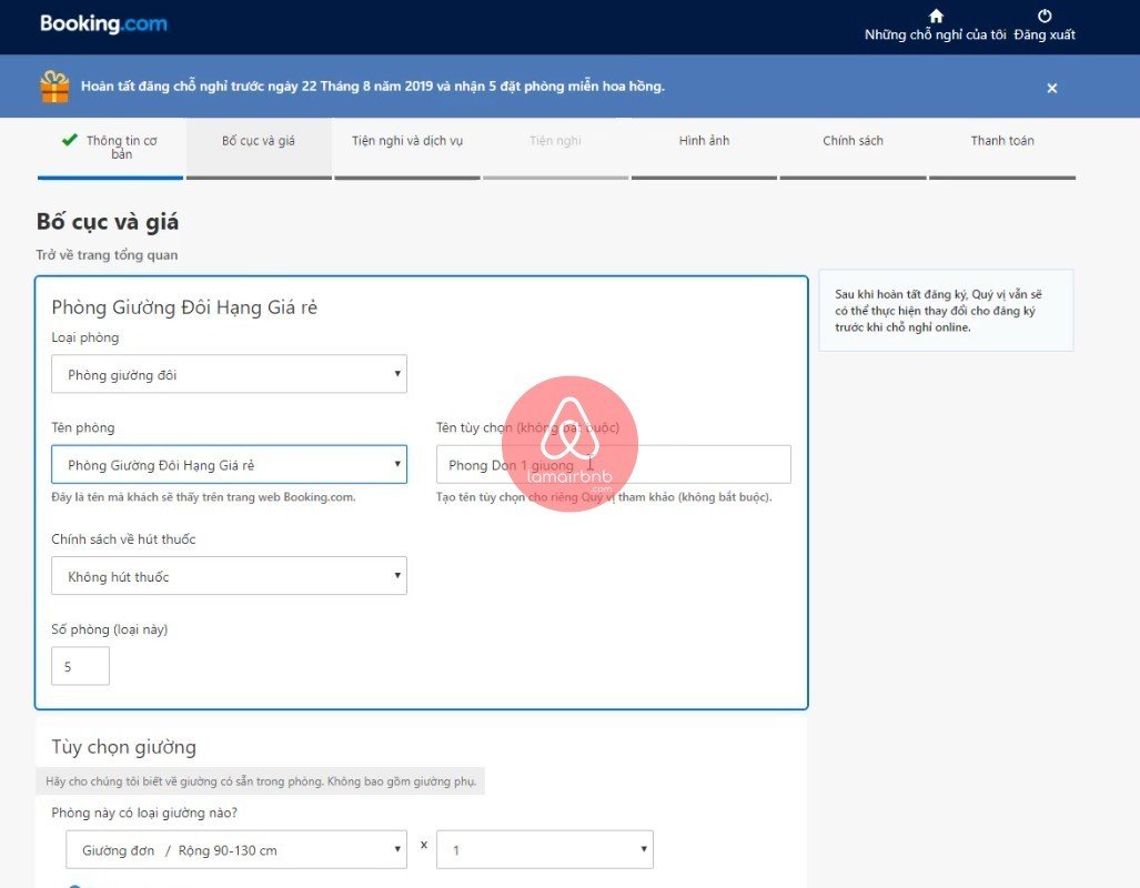 Cài đặt thông tin loại phòng trên Booking.com, đăng kí bán phòng trên booking.com