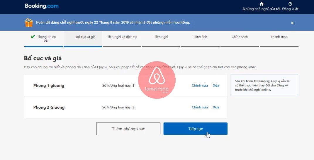 Thêm các loại phòng, đăng kí bán phòng trên booking.com