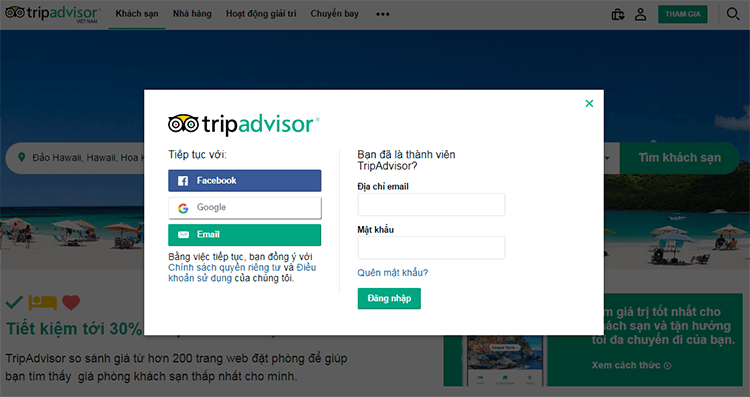 Đăng nhập vào TripAdvisor